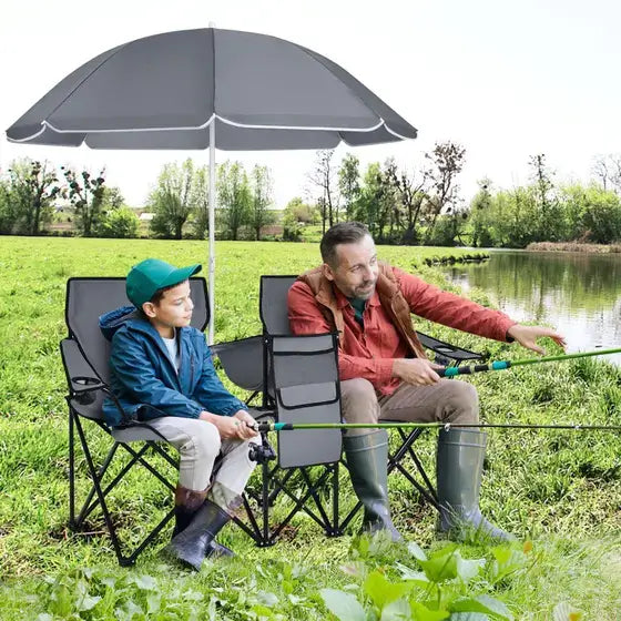 Conjunto Duo Luxo Outdoor – Cadeiras Dobráveis com Guarda‑Sol e Cooler Integrado